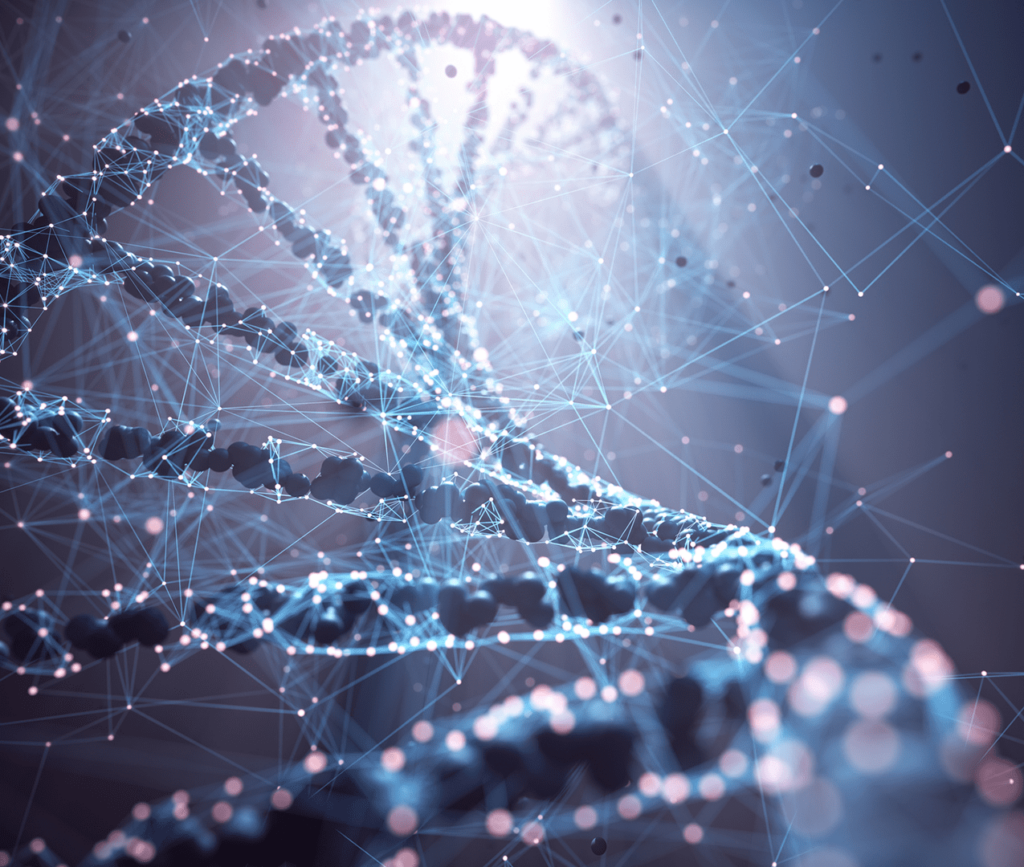 Concept of organic and digital photo as a DNA double helix is overlaid with a digital outline showing connection points and dots.