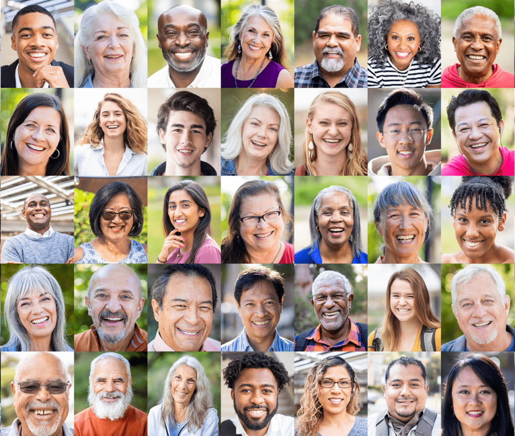 Collage of smiling faces of all ages, races, backgrounds and genders showing the unification of humans for a greater purpose.