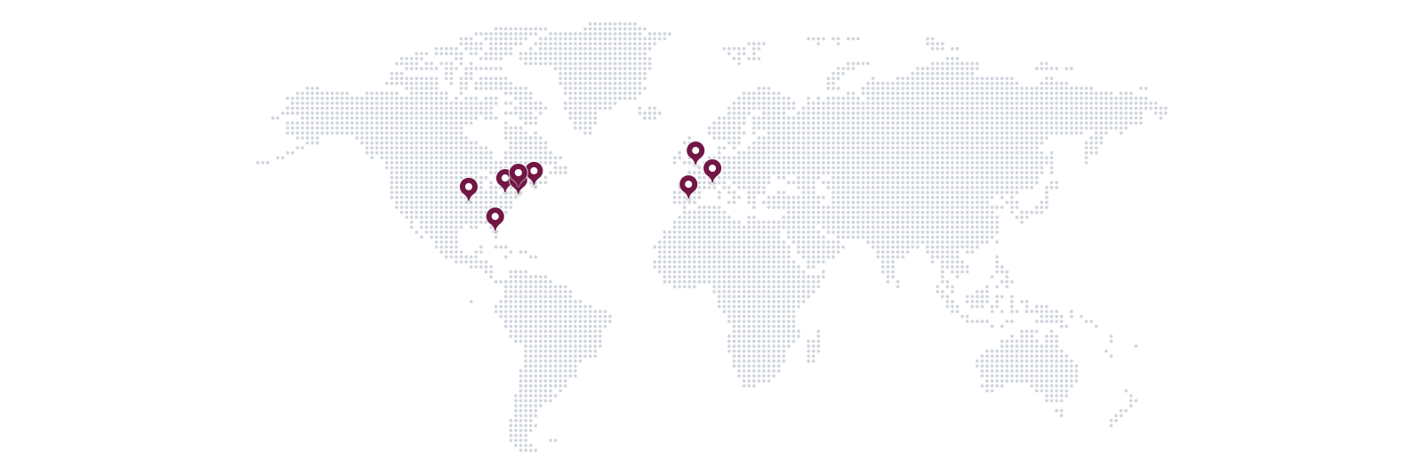 World map with a pinpoint of all of UBC's office locations