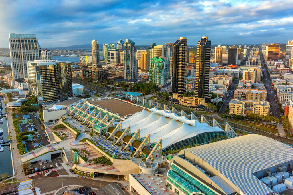 Aerial view of the downtown San Diego, California with the famed convention center as the focal point.