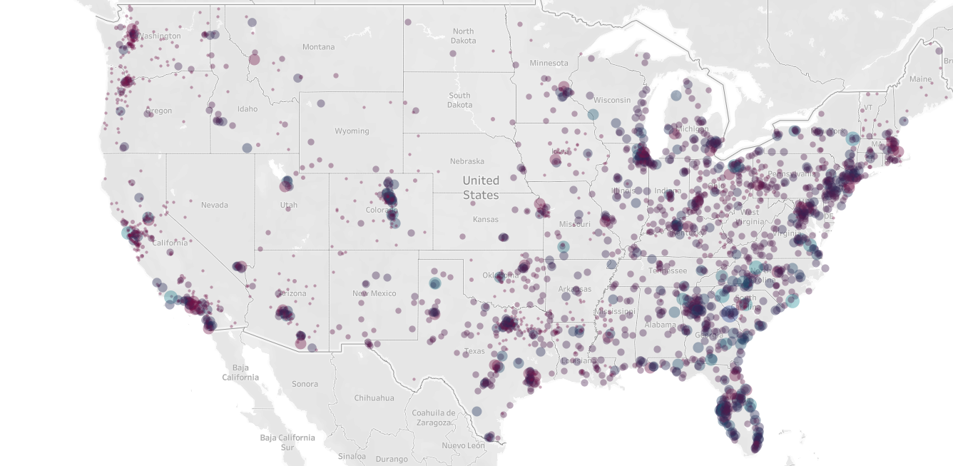 Cluster/heat map of the USA showing where Patients have the most access to UBC's network of home care agents.