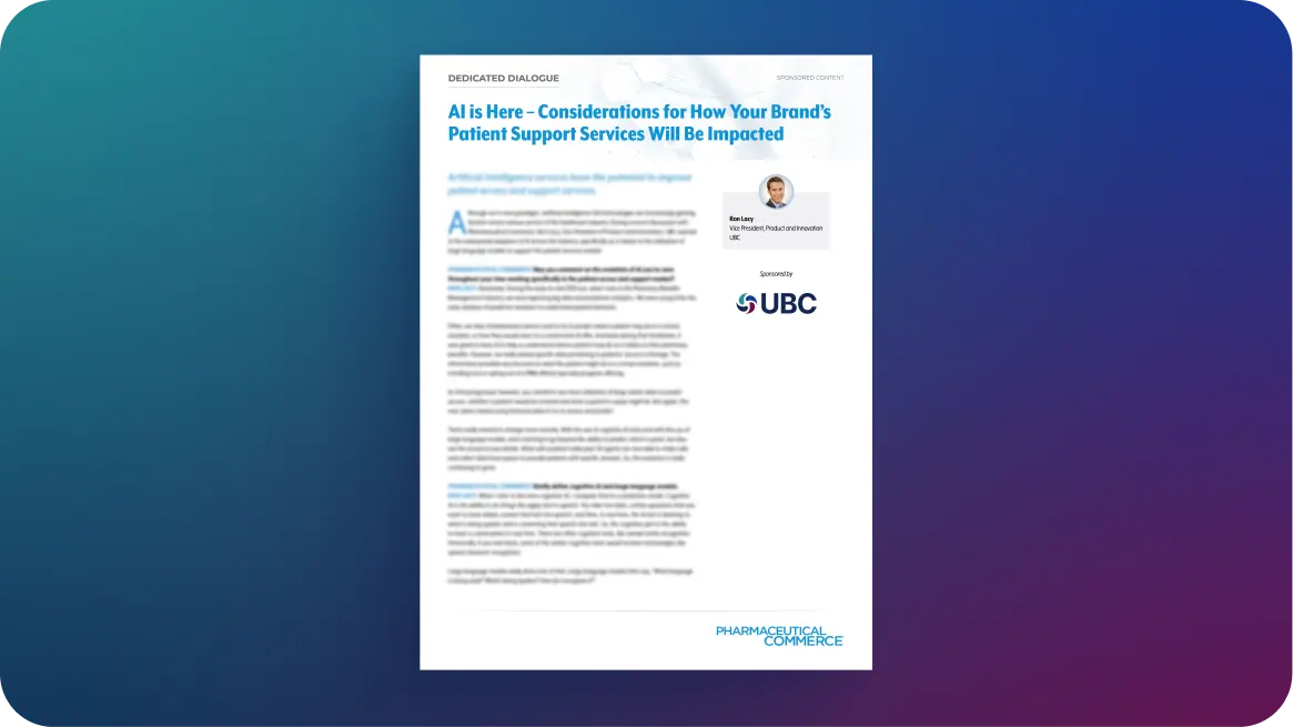 A white paper titled "AI is Here - Considerations for How Your Brand's Patient Support Services Will Be Impacted" by Ron Lacy, sponsored by UBC.