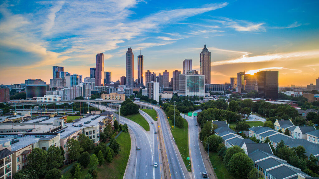 Atlanta skyline shown entering the city from the highway