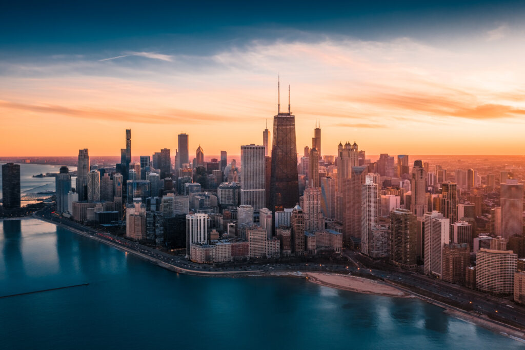 Chicago skyline at sunset