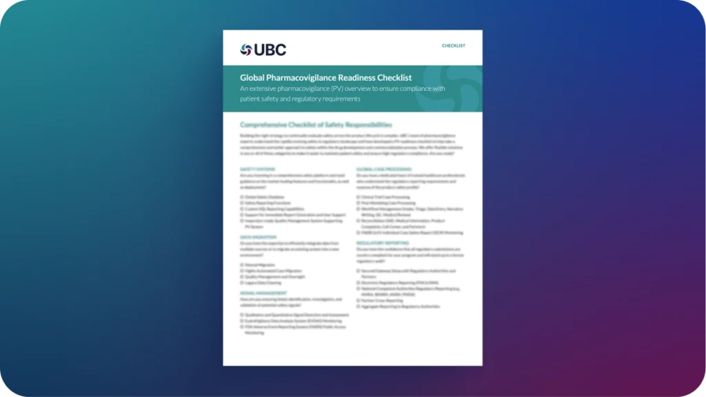 UBC Global Pharmacovigilance Readiness Checklist, an extensive PV overview for patient safety and regulatory compliance.