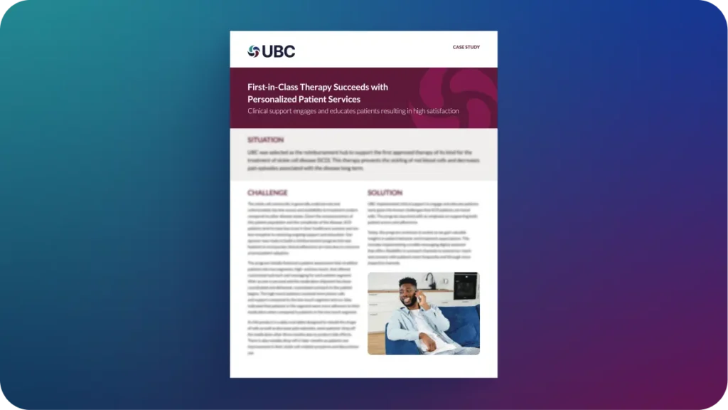 A case study titled "First-in-Class Therapy Succeeds with Personalized Patient Services" from UBC, detailing situation, challenge, and solution.