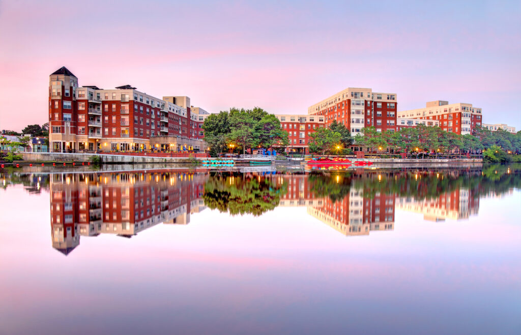 Waltham, Massachusetts building reflected in water