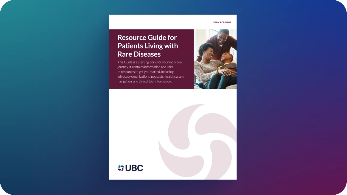A resource guide for patients living with rare diseases, featuring a family and the UBC logo.