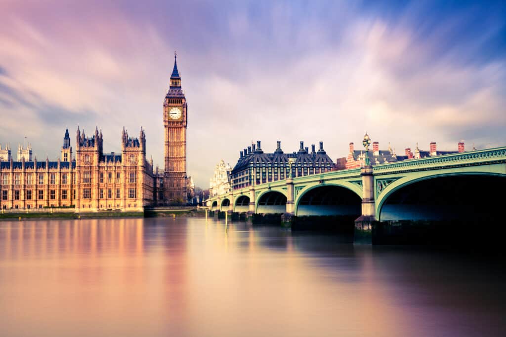 Big Ben, Parliament and Westminster Bridge in London, UK