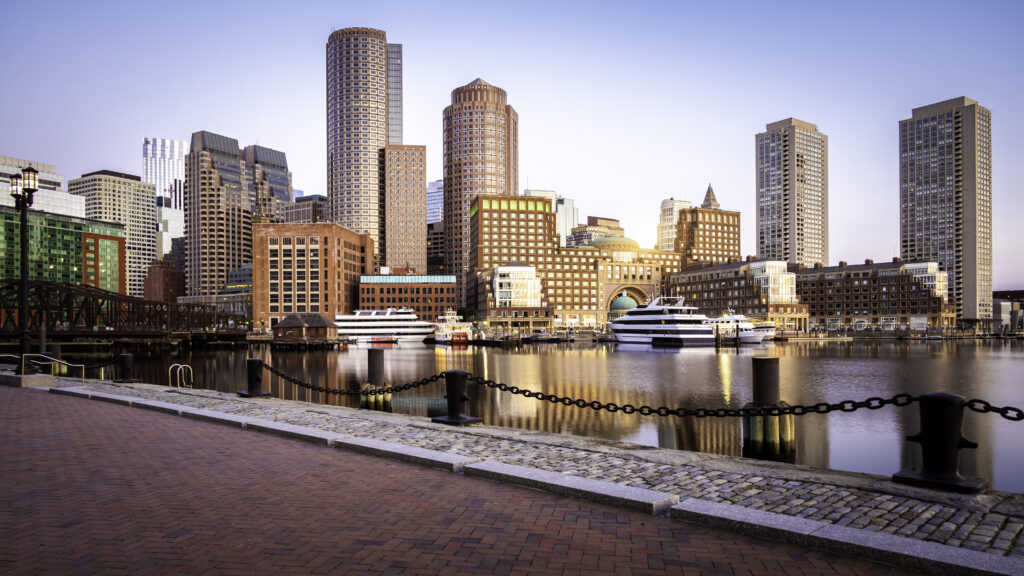 A panoramic view of Boston Harbor's skyline.