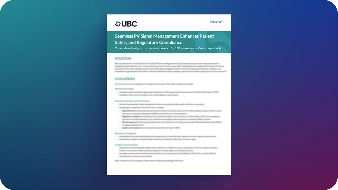 A case study titled "Seamless PV Signal Management Enhances Patient Safety and Regulatory Compliance" by UBC, detailing a comprehensive signal management program.
