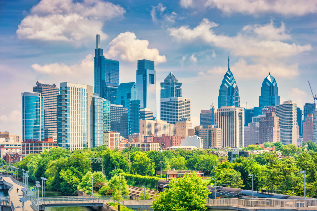 A panoramic view of the Philadelphia skyline.