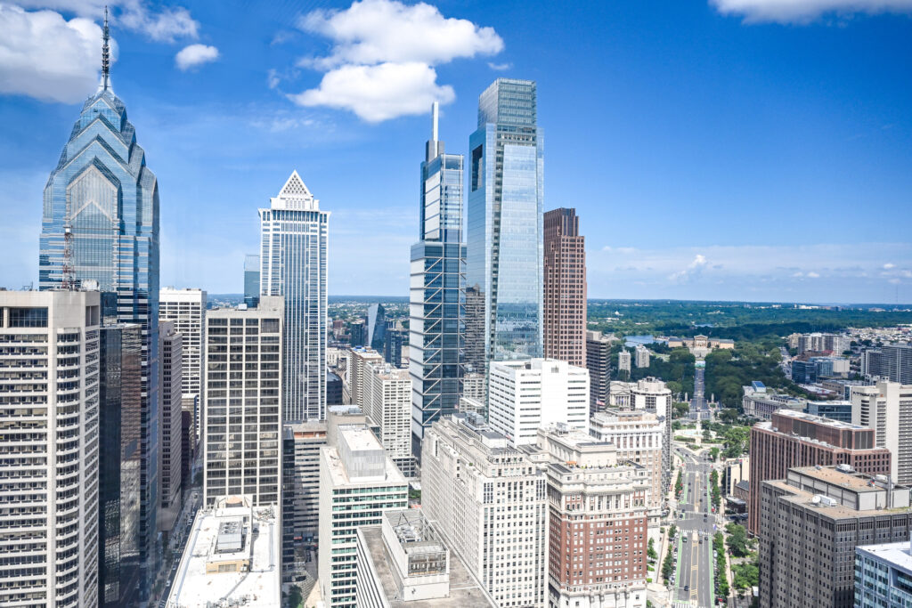 A city view of the Philadelphia downtown skyline.