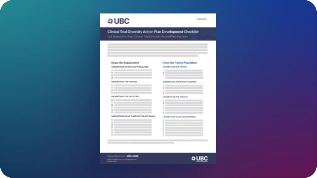 UBC Clinical Trial Diversity Action Plan Development Checklist with sections for "Know the Requirement" and "Know the Patient Population."
