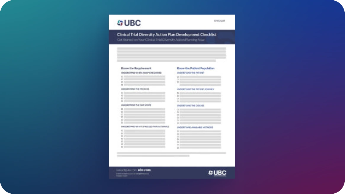 UBC Clinical Trial Diversity Action Plan Development Checklist with sections for "Know the Requirement" and "Know the Patient Population."