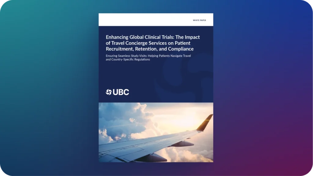 White paper cover: "Enhancing Global Clinical Trials: The Impact of Travel Concierge Services on Patient Recruitment, Retention, and Compliance" with an airplane wing over clouds.